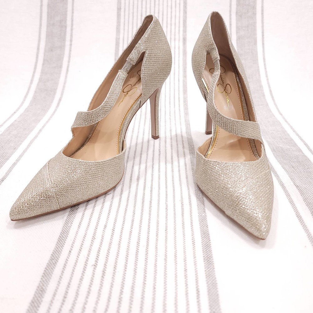Jessica Simpson Glitter Pointed Toe Strappy Pumps in Champagne